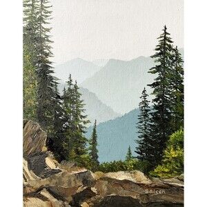 Orig. Oil Painting Sunlit Mountain Pines and Rock Hiking Outdoors Signed 8x10